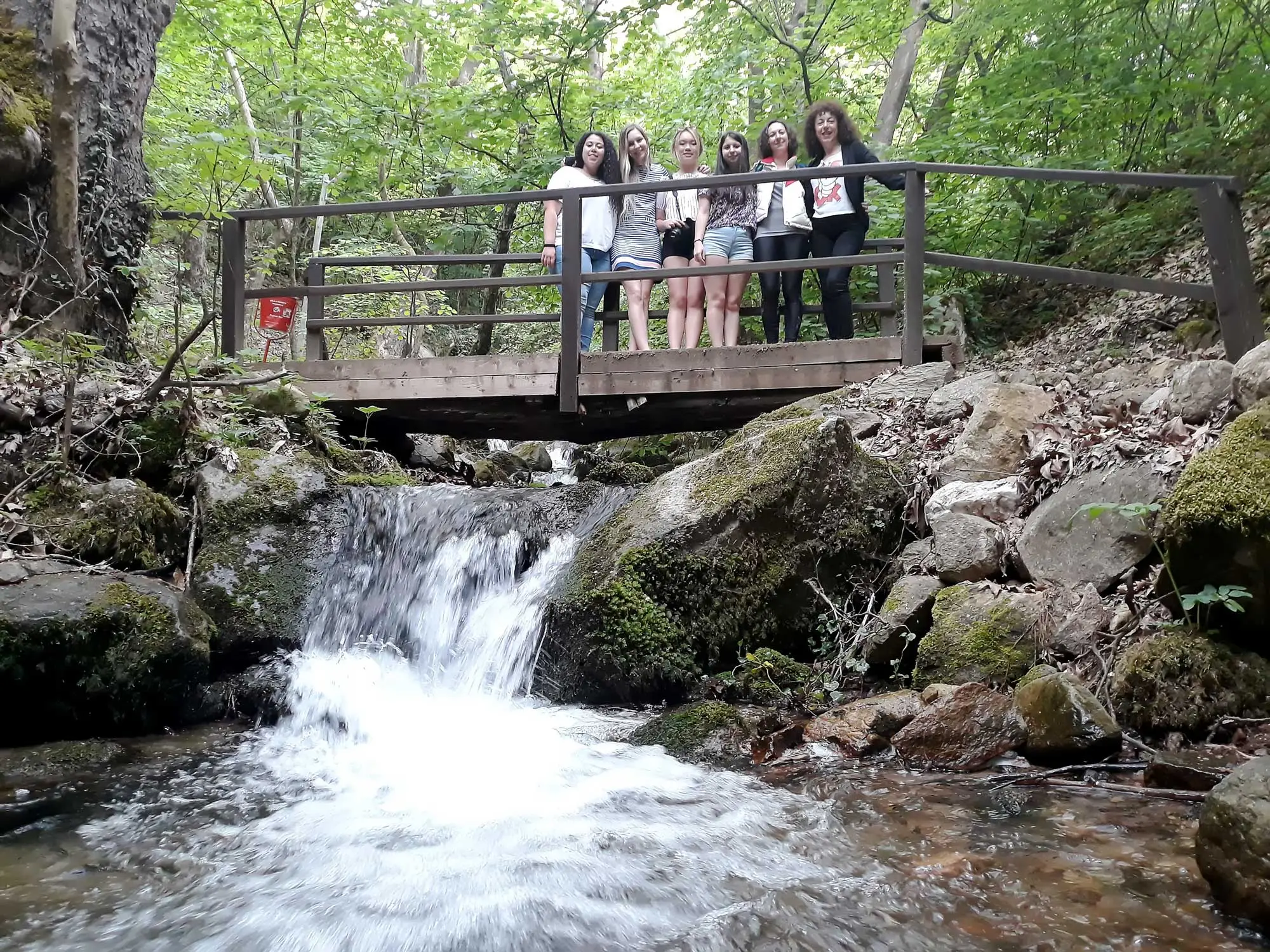 Hikers on a wooden bridge by a waterfall