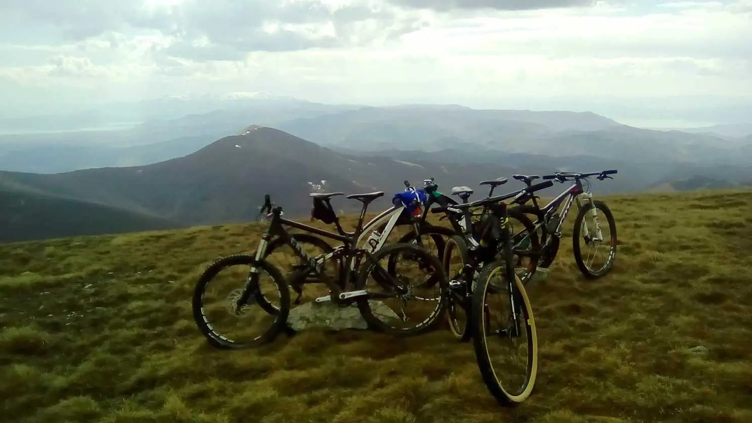 Mountain bikes resting on a high pasture
